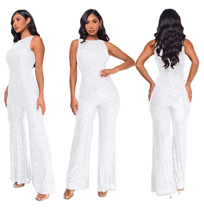 Bling Bling Sequined Club Jumpsuit Sexy Women O-neck Elegant Shiny Sliver Gold Sequins Straight Romper Overalls