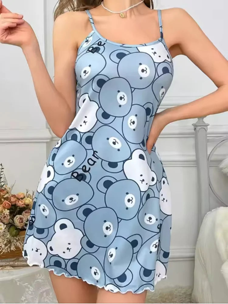 Summer Cute Blue Bear Printed Night Dress Women Sleepwear Nightgowns Nighties Comfortable Casual Sexy Nimi Dress Sleepshirts