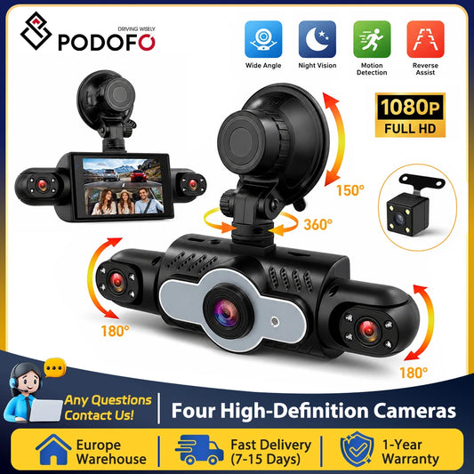 Podofo 1080P Car Dash Cam with Four High-Definition Cameras, Including 480P Left Interior, Right Interior, and Rear Cameras Night Vision Loop Recording Car Driving, Reversing Recorder