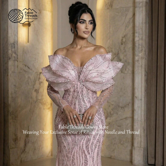 FableT Off Shoulder Long Sleeve Mermaid Evening Dress Beaded Tiered 3D Leaves Pink Women's Party Gowns Luxurious Long Prom Gown