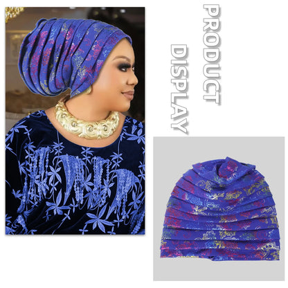 Glitter Full Body Pleated Turban Cap for Women 2025 Lady Head Wraps Muslim Headscarf Hat Turbante Mujer African Headpiece