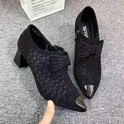 Women's Pointed Toe Sandals Luxury Breathable Mesh Bowknot Rhinestone Clear Elegant Mid-Heeled Simple Pump Shoes Mesh Sandals