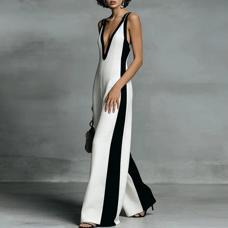 Spring Summer Sleeveless Straps Vacation Jumpsuit Woman Sexy Deep V Neck Hollow Rompers New Elegant Striped Print Beach Overalls