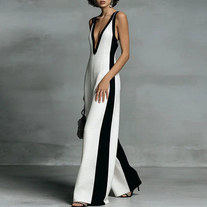 Spring Summer Sleeveless Straps Vacation Jumpsuit Woman Sexy Deep V Neck Hollow Rompers New Elegant Striped Print Beach Overalls