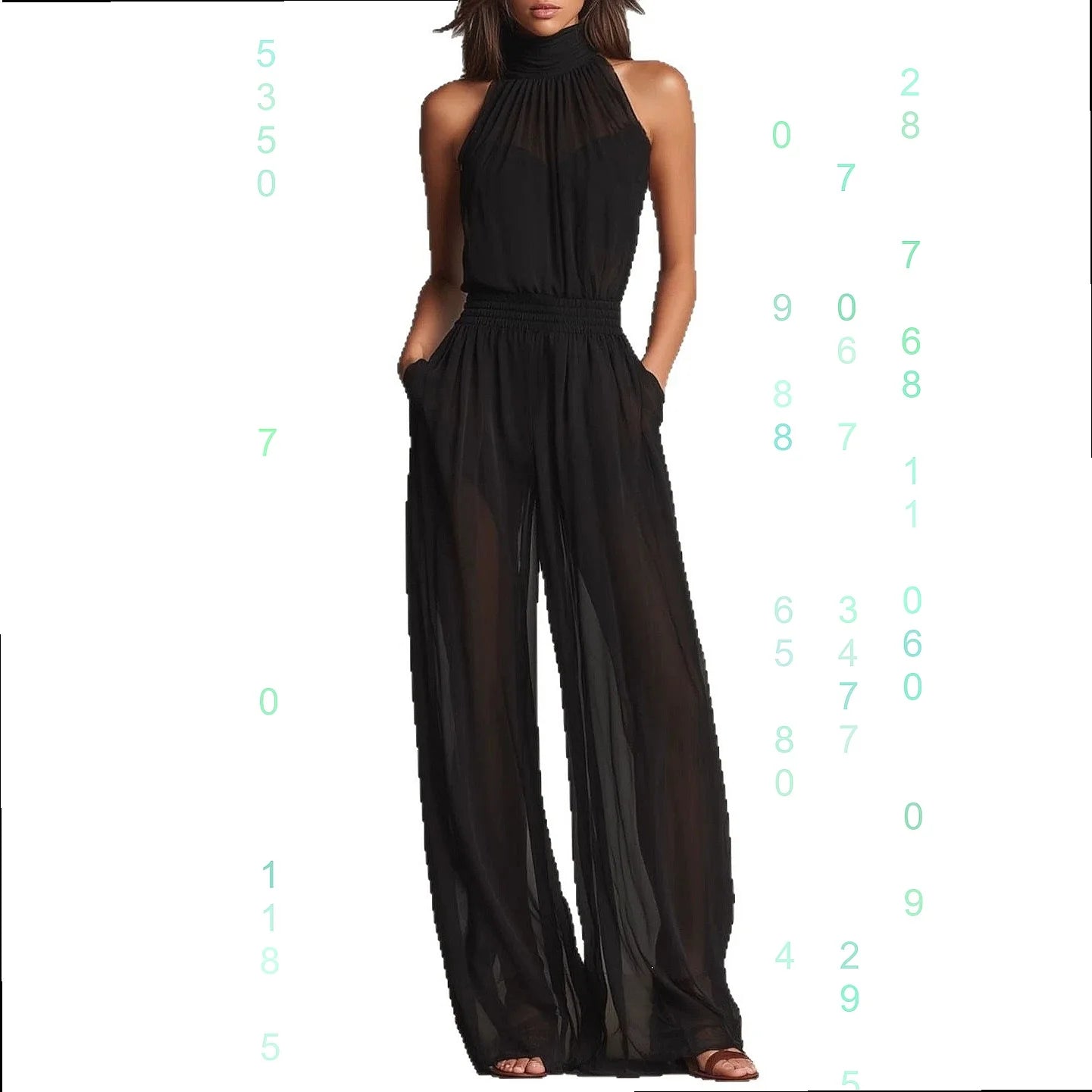 Womens Jumpsuits Summer Elegant Chiffon Sleeveless High Neck Backless Wide Leg Pants Jumpsuit Playsuit