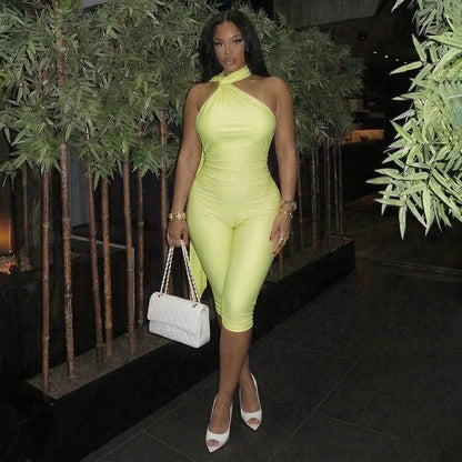 Sexy Backless Ruched Halter Neck Tie Solid Slim Fit Capris Jumpsuit Women Fashion Overalls Playsuits Beach Vacation Clubwear