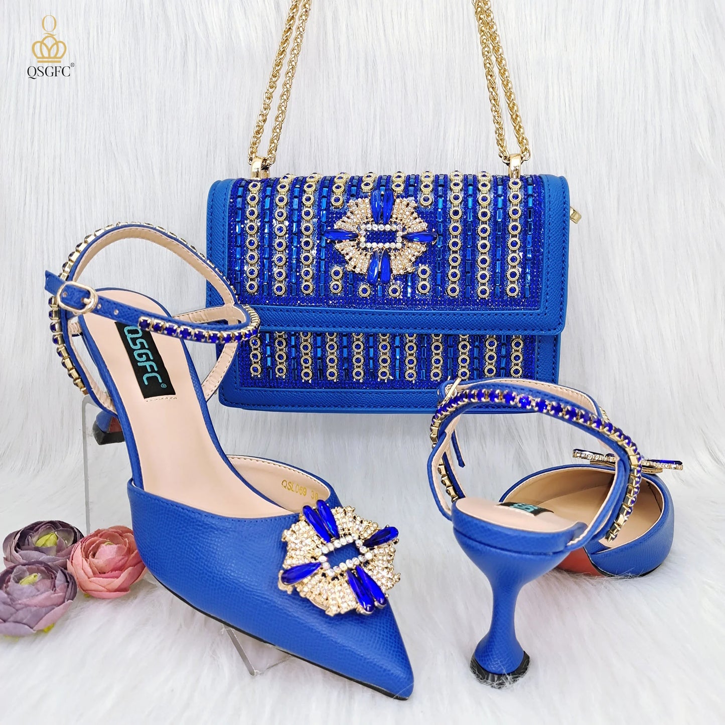 QSGFC High Quality Women's Pumps And Bag Silver Color Full Of Rhinestones High-Grade Materials For Nigerian Wedding Party