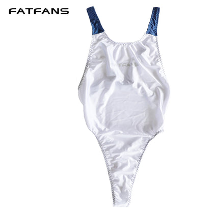 DROZENO Stretch Swimsuit Glossy Oil Bright Color-blocking Japanese T-shaped Backless High-fork Conjoined Swimming