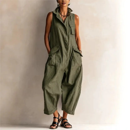 Jumpsuits Women Rompers Summer Fashion Sleeveless Lapel Loose Comfortable Solid Pocket Vacation Casual Jumpsuits Womens Clothing