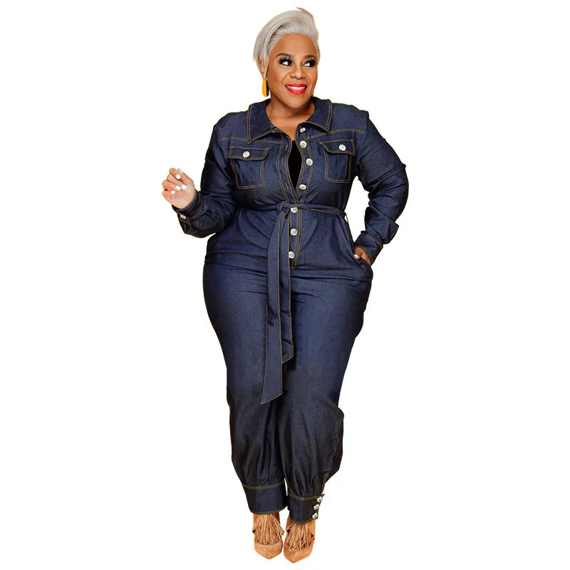 Jumpsuits Women Denim One Piece Turn Down Collar Y2k Streetwear Overalls Long Pants Lace Up High Waist Casual Spring Rompers