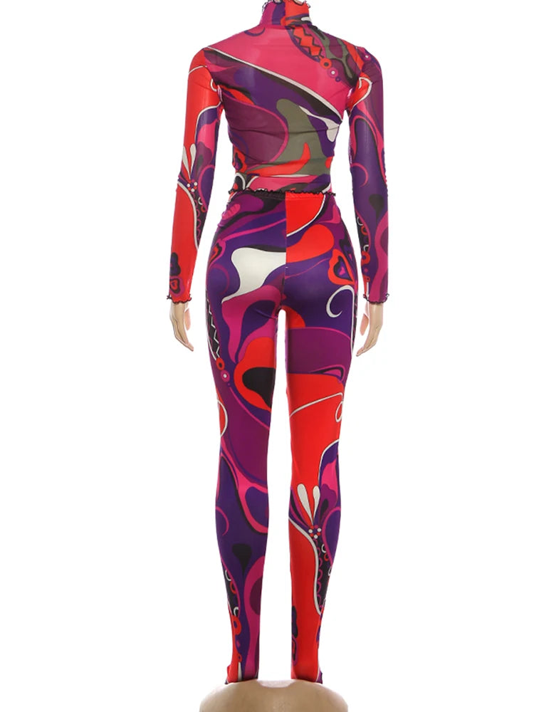 Nibber Sexy Sporty 2-Piece Set Women Tracksuit Sporty Fall Crop Tops+Leggings Matching Tight Stretch Colorful Print Streetwear