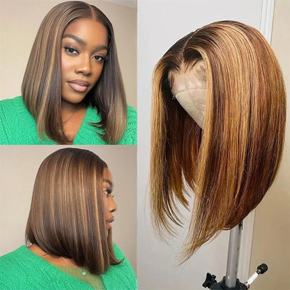 Highlight 13x4 Lace Front Bob Wig Human Hair P4/27 Honey Blonde Straight Bob Wig Human Hair Pre Plucked with Baby Hair