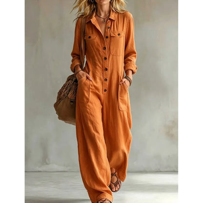 Autumn New Fashion Linen Single Breasted Double Pocket Women's Work Jumpsuit Casual Loose Vacation Female Rompers 2026