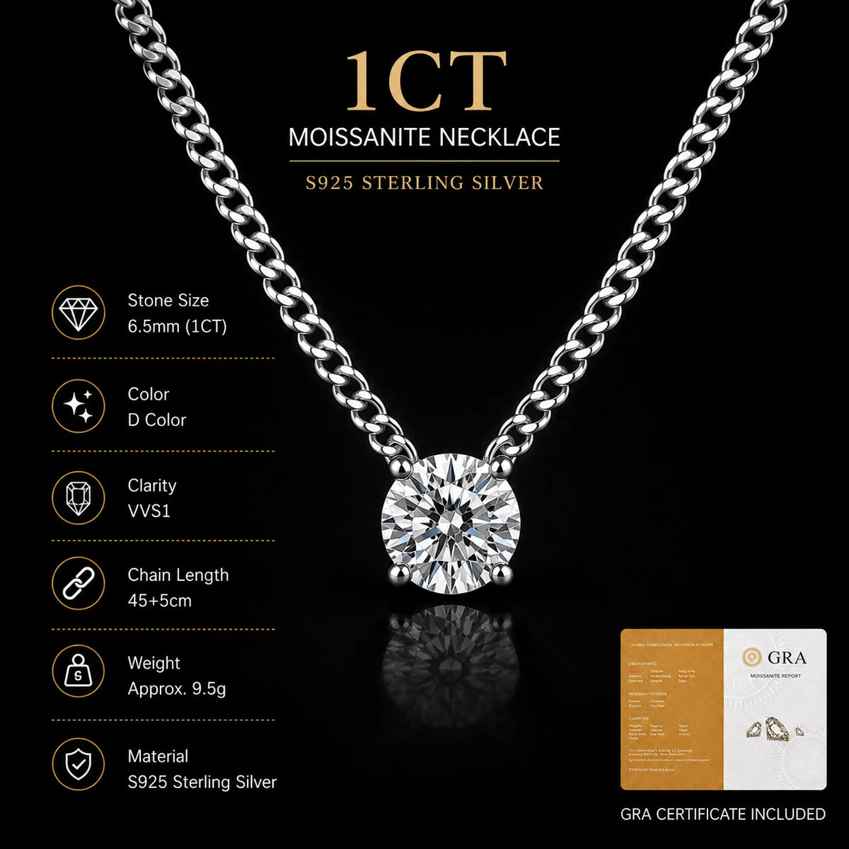 S925 Silver Round Moissanite Necklace 40+5cm Cuban Chain Pendant With Selected GRA Option Anniversary Gift Jewelry