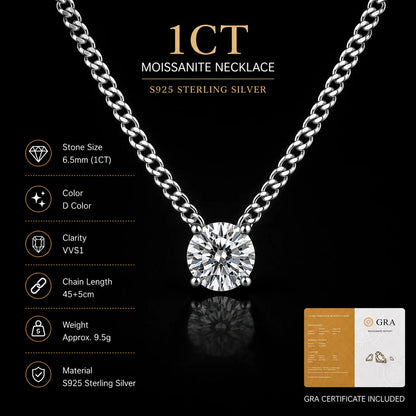 S925 Silver Round Moissanite Necklace 40+5cm Cuban Chain Pendant With Selected GRA Option Anniversary Gift Jewelry