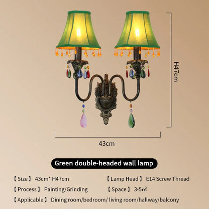 Retro American European Iron Art Red Cloth Crystal Wall Lamp for Hall Restaurant Bedroom Walkway Hotel Bar Decorative Wall Light