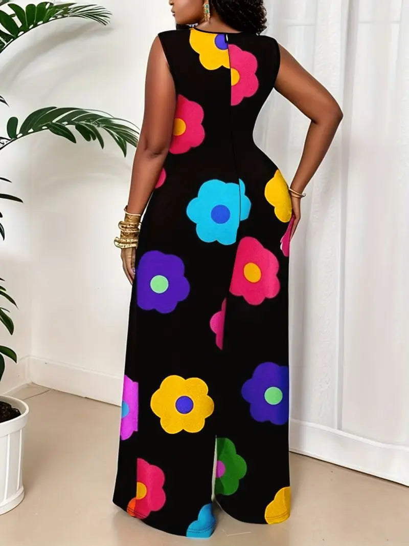 Round neck sleeveless jumpsuit with high waist and wide legs for slimming women's casual jumpsuit pants