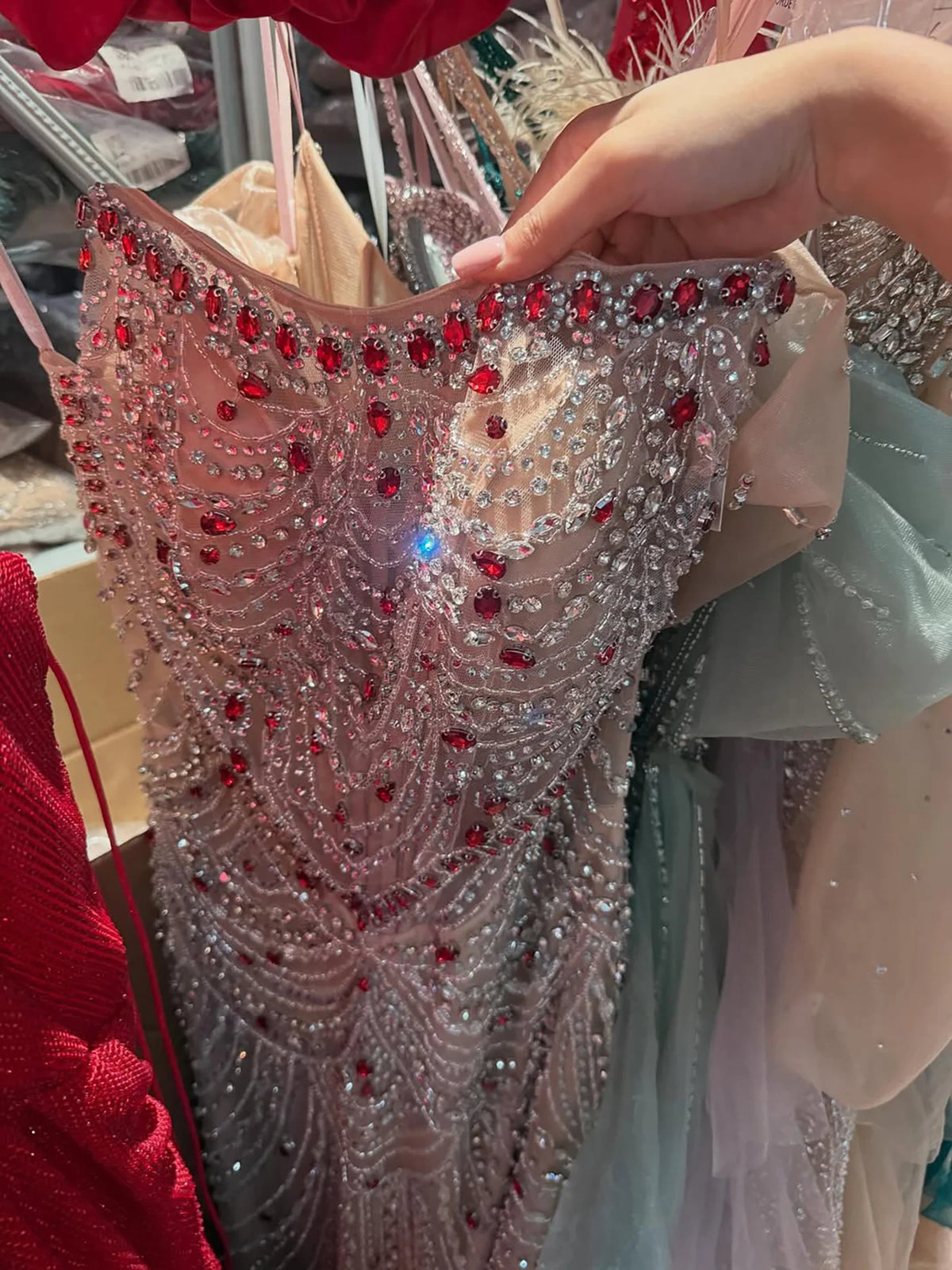 Serene Hill Luxury Red Crystal Beaded Mermaid Evening Dress with Detachable Puffy Sleeves and Satin Cape LA72903A Customized