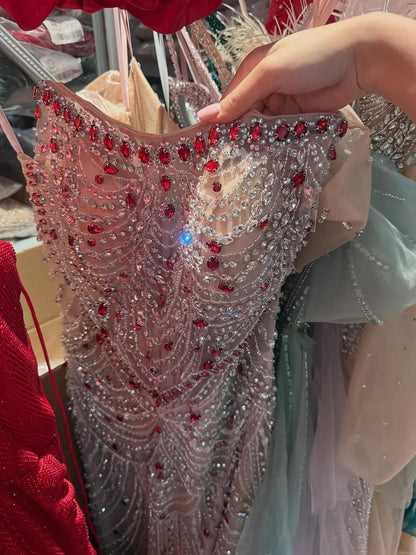 Serene Hill Luxury Red Crystal Beaded Mermaid Evening Dress with Detachable Puffy Sleeves and Satin Cape LA72903A Customized