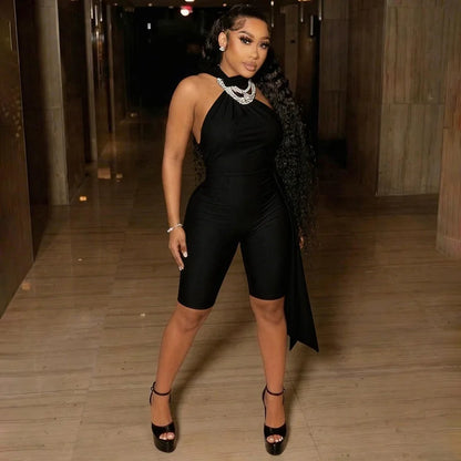 FAGADOER Sexy Halter Bandage Backless Jumpsuits Women Hip Ruched Skinny Rompers Overalls Party Slim Party Nightclub Playsuits