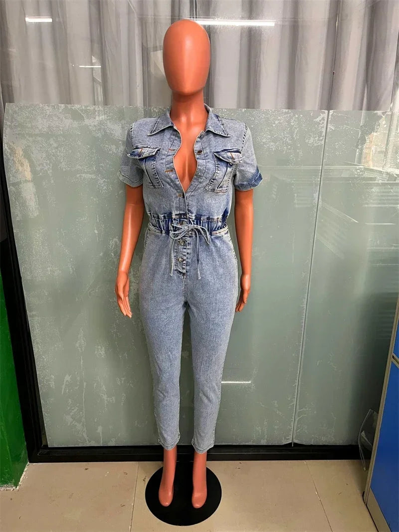 Fashion Denim Jumpsuit Summer Clothes Women 2026 Short Sleeve Button Up Pencil Jeans Rompers Playsuits One Piece Overalls Outfit