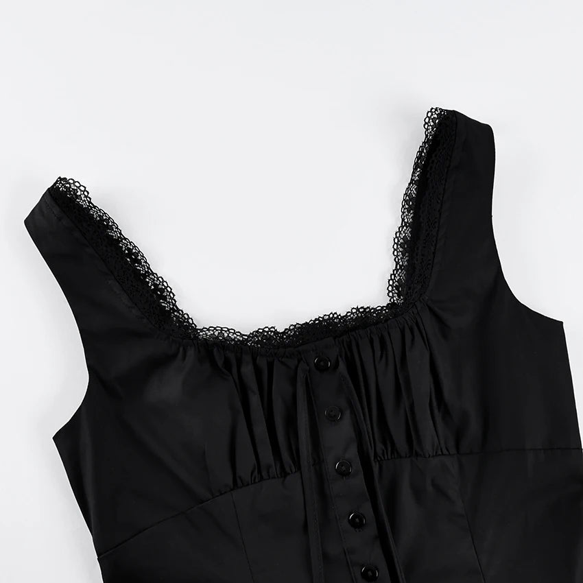 Linad Vintage Lace Square Collar Tank Top For Woman 2026 Street Chic Black Single Breasted Camisole Fashion Cotton Tops Spring