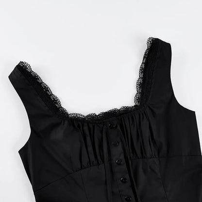 Linad Vintage Lace Square Collar Tank Top For Woman 2026 Street Chic Black Single Breasted Camisole Fashion Cotton Tops Spring