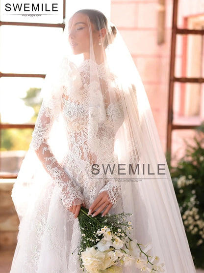SWEMILE Customized Classic Vintage High Neck Lace Applique Wedding Dresses Cut Out Tulle Outdoor Bridal Gowns Bride Party Dress