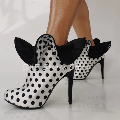 Fashion Polka Dot Ruffles Decor Women Boots Pointed Toe Stiletto High Heels Leather Shoes Ladies Catwalk Party Dress Boots