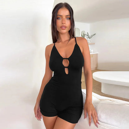 Sibybo Basics Solid Color Tight Playsuit Women Summer Sleeveless Hollow Out Backless Slim Romper Streetwear Sexy Shorts Jumpsuit