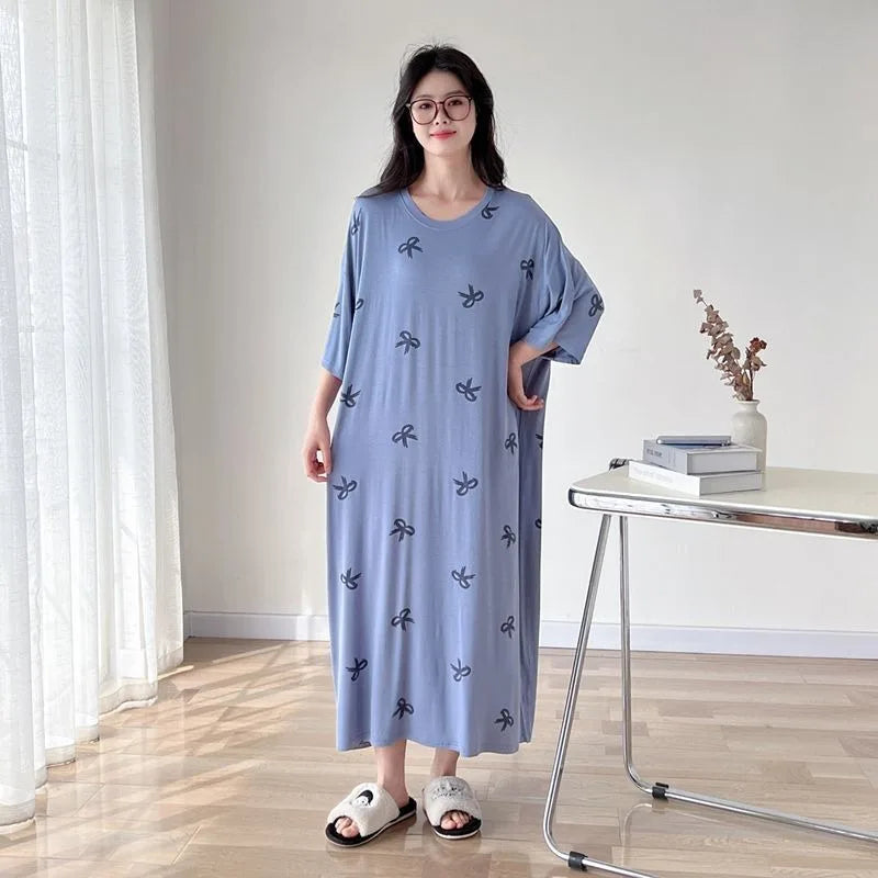150kg Plus Size Summer Lazy Short Sleeve Long  T-Shirt Dress Korean Oversized Loose Nightgown Maternity Sleepwear Home Clothes