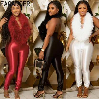 FAGADOER Women Faux Fur Halter Jumpsuit Deep V Neck Sleeveless Shiny Bodycon Long Pants Sexy Party Clubwear One Piece Outfit