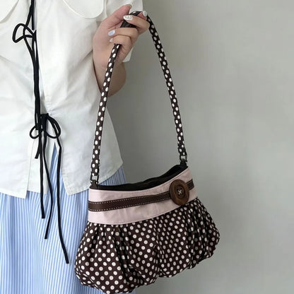 Pleated Design Dumpling Bag Retro Polka Dot Wooden Button Decor Handbag Soft Striped Shoulder Bags Pattern Casual Commuter Bag