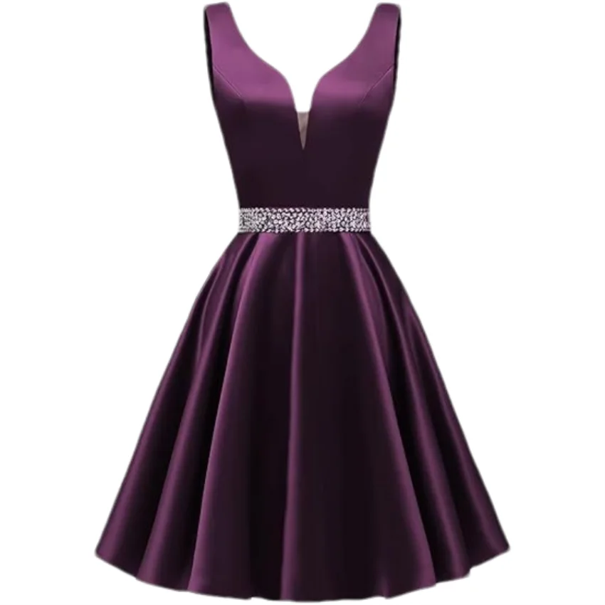 Customized Simple Satin Homecoming Dresses for Teens Short Prom Dress V-Neck Beaded Belts Evening Formal Cocktail Party Gowns
