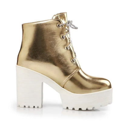 British Silver Gold Ankle Boots Women High Chunky Heels Dress Lady Round Toe Lace-up Spring Autumn Vintage Platform Short Boots