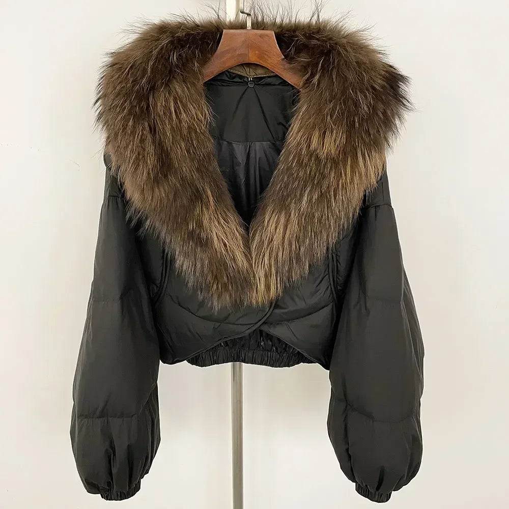 Winter Female White Duck Down Jacket Luxury Loose Short Fashion Casual Women Warm Real Fox Fur Coat Long Sleeve Puffer Jacket