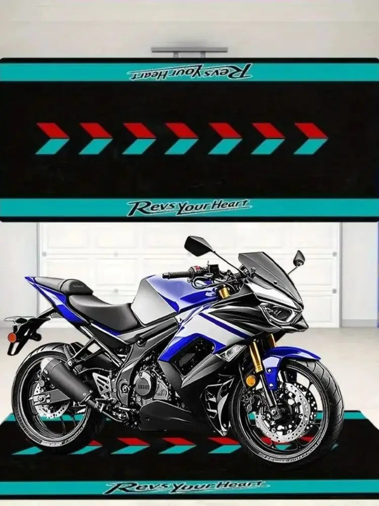 Revs Your Heart Motorcycle Mat Crystal Velvet Anti-Slip Garage Floor Mat for Motorbike Parking, Oil Absorbent, Home Garage Decor
