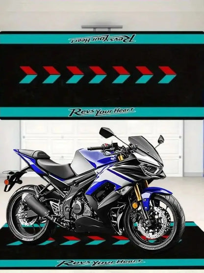 Revs Your Heart Motorcycle Mat Crystal Velvet Anti-Slip Garage Floor Mat for Motorbike Parking, Oil Absorbent, Home Garage Decor