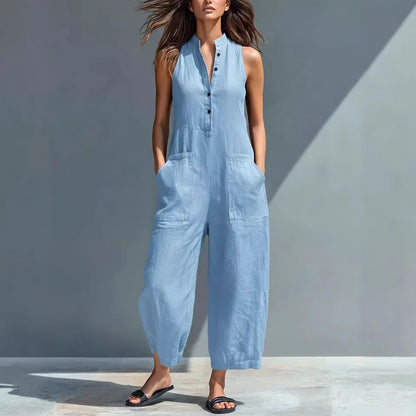 Cotton And Linen Jumpsuit Women Stand Collar Sleeveless Pocket High Waist Wide Legs Jumpsuits Casual Commuting Ladies Bodysuits