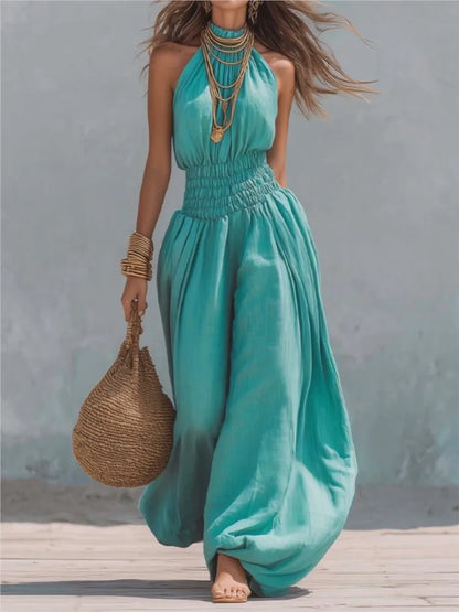 Summer Sexy Halter Sleeveless Pleated Jumpsuit Women Fashion Solid Elastic Waisted Wide Leg Jumpsuit Casual Loose Rompers Street