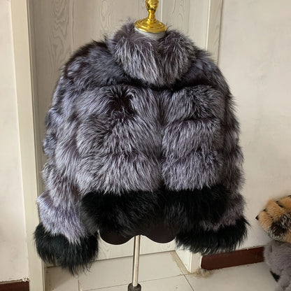 New Fashion Women's Winter Natural Fur Coat Silver Fox Mixed Collar Design High Quality Real Fur Coat real fur coat women luxury