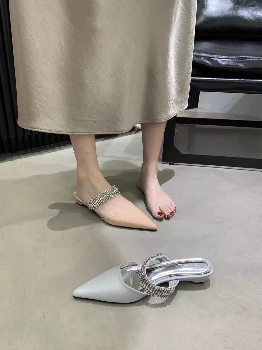 Luxury Crystal Women Slippers Pointed Toe Mules Shoes Elegant Heeled Sandals New Party Slingabck Flip Flops Elegant Mujer Shoes