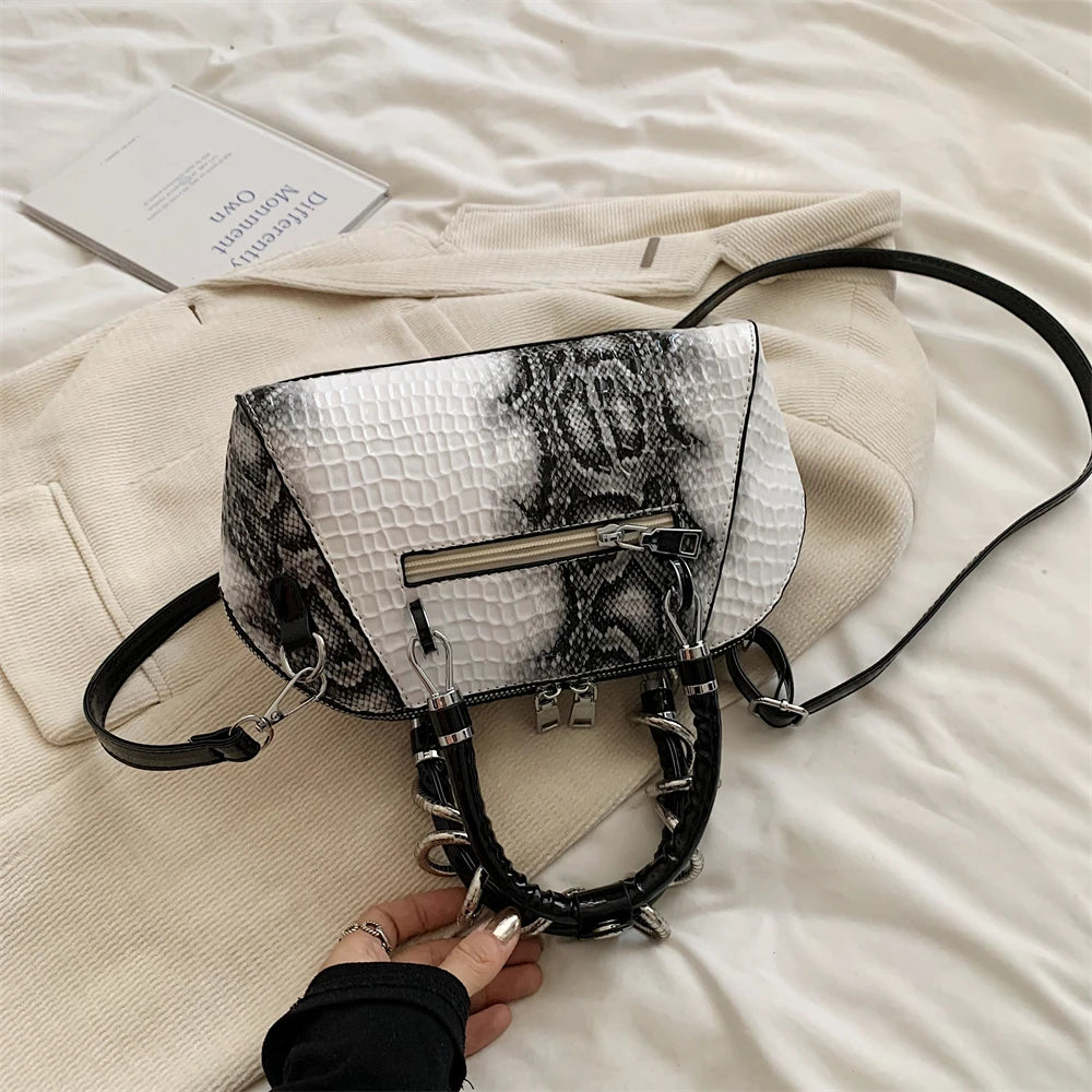 Crocodile Pattern Top-handle Shell Bag With Snake Hardware Wild Shoulder Crossbody Handbags MOODS Designer Luxury Bags For Women