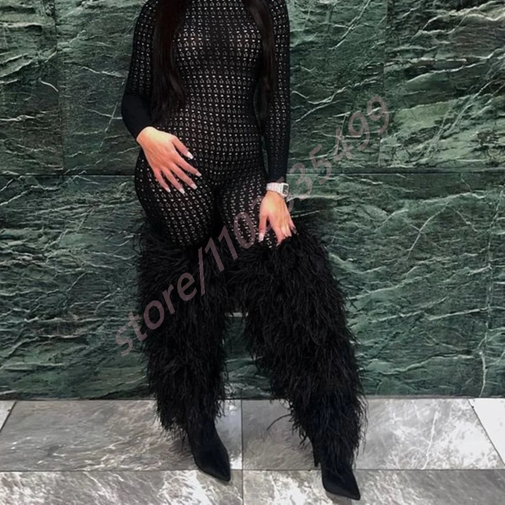 2025 Winter Black Sexy Ladies Catwalk Fur Boots Fashion Street Model Soft Fur Knee-High Stage Boots Pointed Warm Stiletto Boots