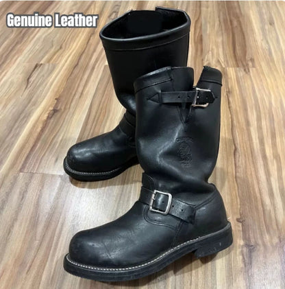 Handmade Vintage Velvet Khaki Work Boots Men's American Style Mid-Calf Retro Thick Bottom Belt Buckle Motobike Leather Boots