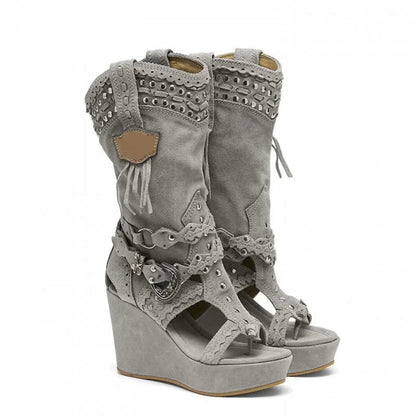 Zipper Shoes Boots Women New 2025 Round Toe Large Size Elegant Wedge Cowboy Ladies High Heel Shallow PU Canvas Casual Fabric Sol