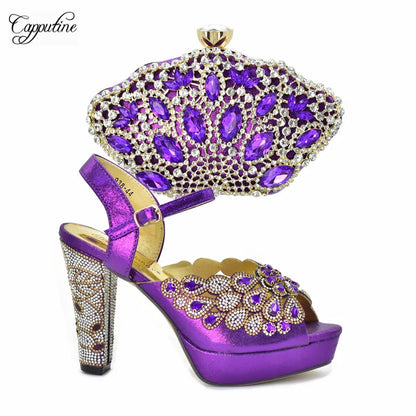 Luxury Wine Women Shoes and Bag to Match African Lady Summer Sandals Match With Handbag High Heels Pumps Purse 938-44 10.5CM