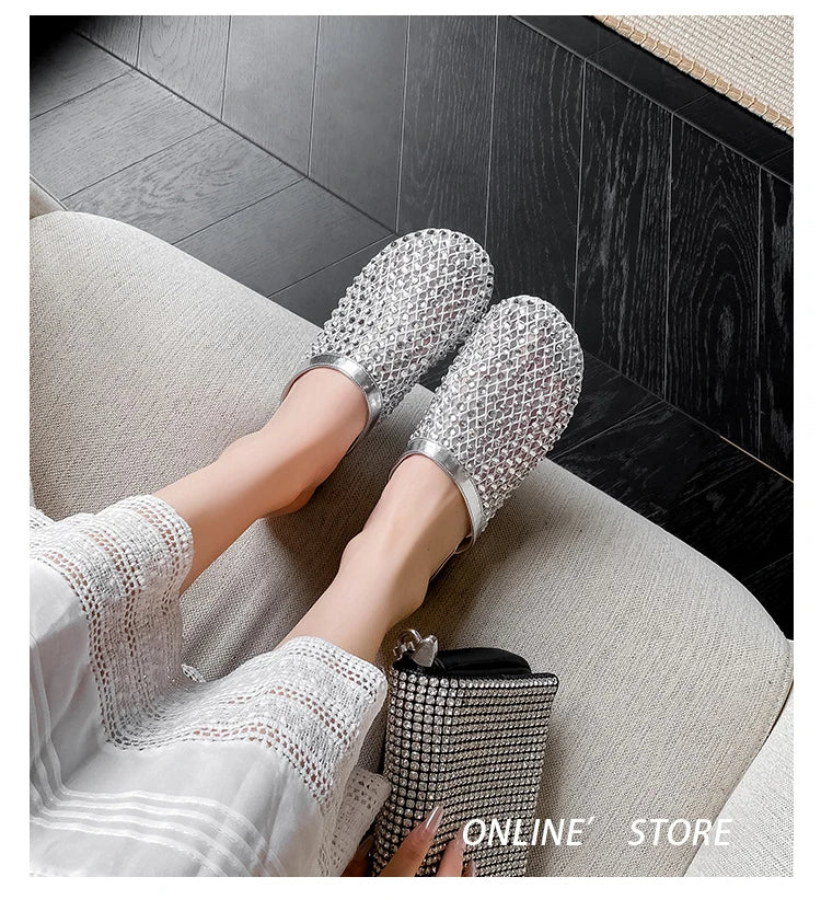 Summer Shoes for Women Slippers Luxury Rhinestone Rivets Casual Sandals Mesh Slip-on Loafers