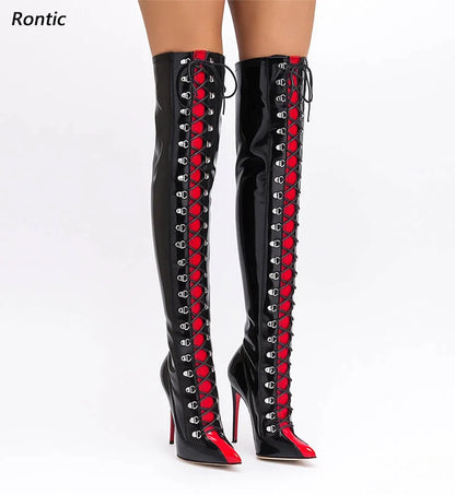 Rontic Custom Crafted Blue Thigh High Boots Stiletto Heel Design Red Detail Laces Pointed Toe Patent Leather Artisan Size 5-15