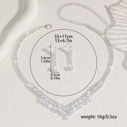Ladies' Fashionable Silver-Plated And Diamond-Encrusted Metal Necklace, Earrings Set, Bride'S Wedding Attire And Accessories